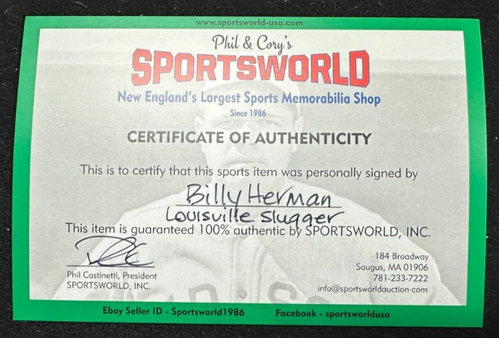 Billy Herman Autographed Louisville Slugger Baseball Bat HOF Chicago Cubs