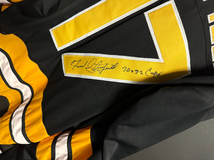 Fred Stanfield Autographed Boston Bruins Replica Jersey W/ 70 & 72 Cups Insc