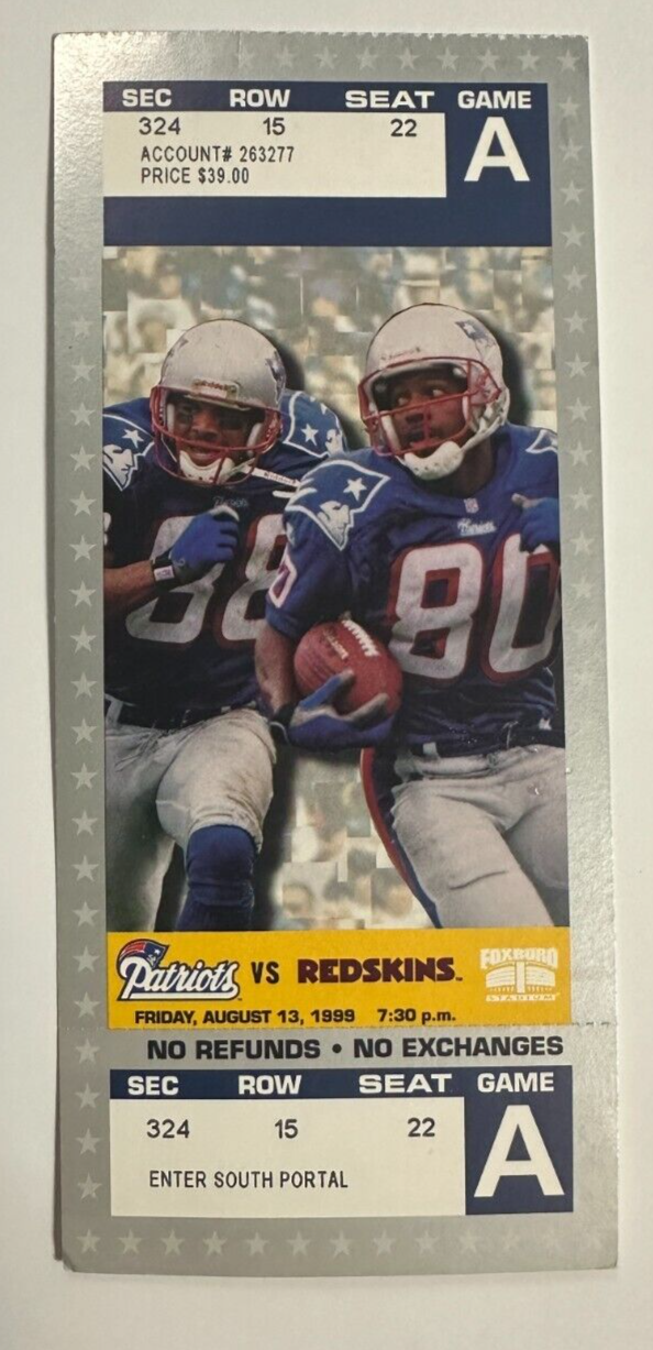 8/13/1999 New England Patriots & Redskins Full Ticket Champ Bailey Pro Debut-