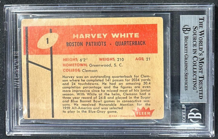 1960 Fleer Harvey White Autographed Rookie Card RC #1 Boston Patriots BGS