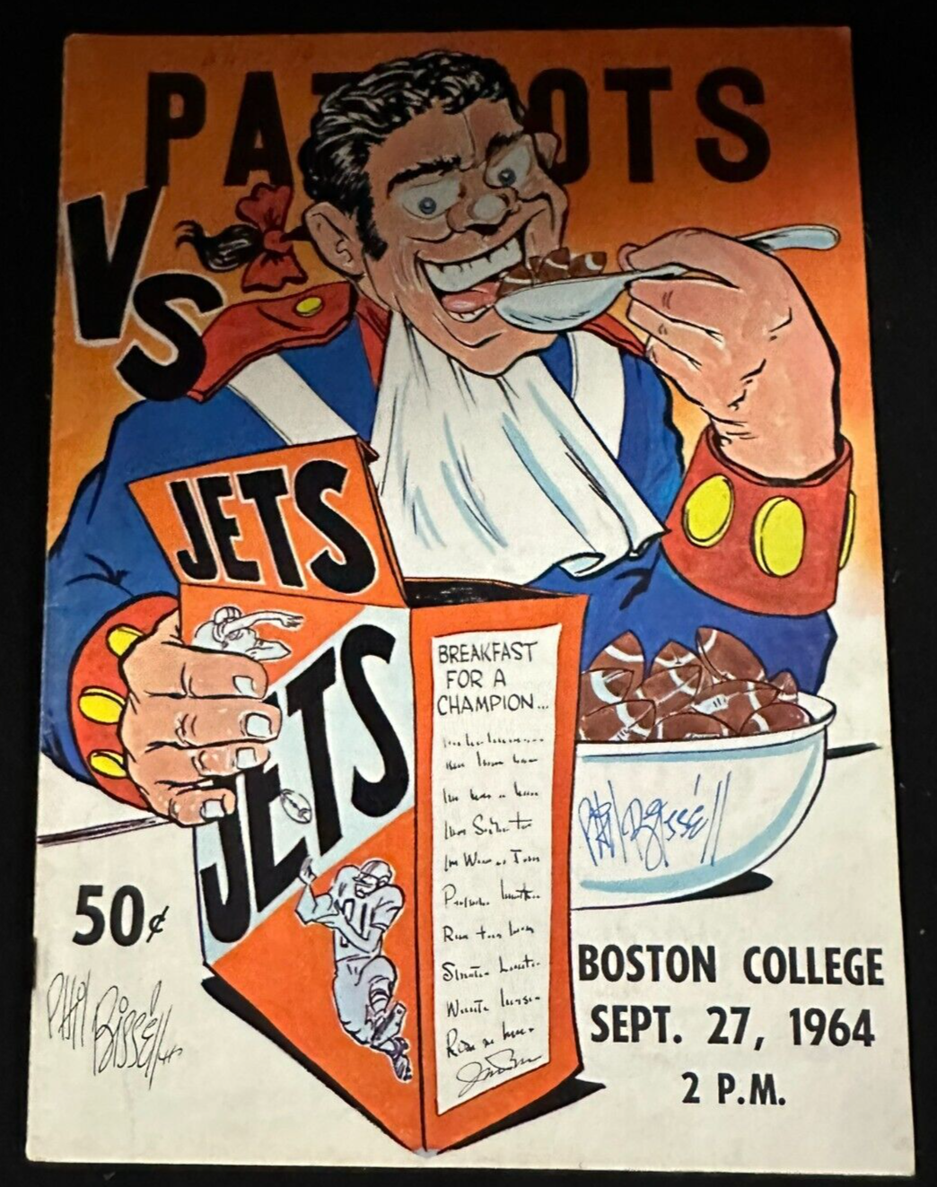 Phil Bissell Autographed Sep 27, 1964 Boston Patriots Vs Jets Program AFL