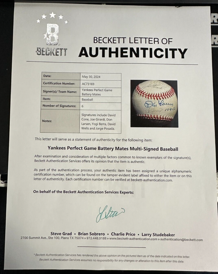 NY Yankees Perfect Game Battery Mates Signed Baseball Berra Larsen Cone BAS