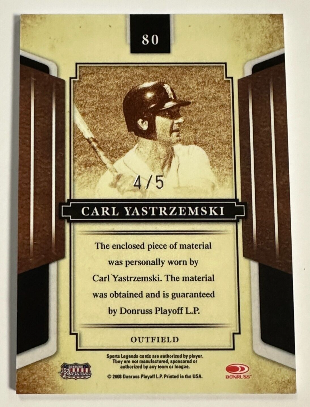 2008 Donruss Sports Legends Carl Yastrzemski Game Worn Jersey Card 4/5 Red Sox
