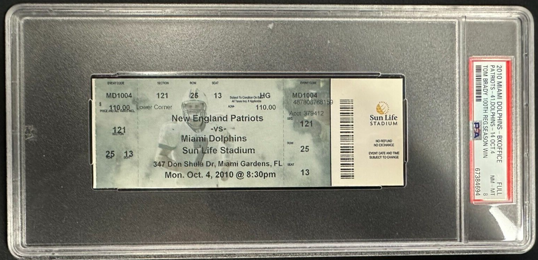 2010 Miami Dolphins & New England Patriots Full Ticket Tom Brady 100th Win PSA 8