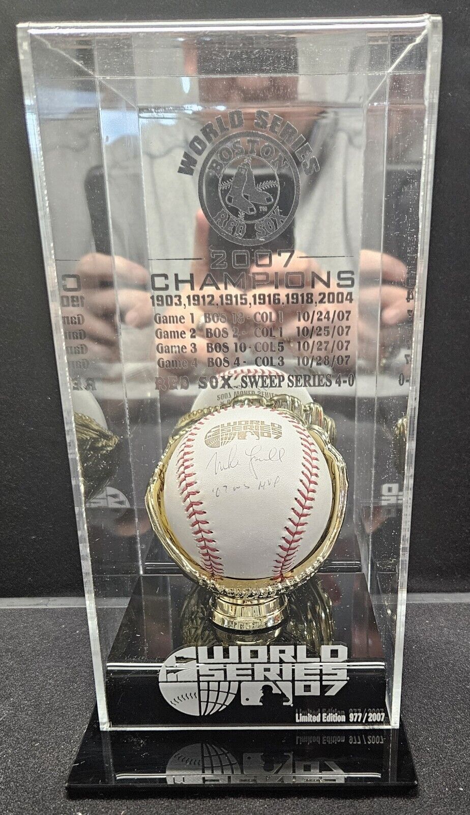 Mike Lowell Signed 2007 World Series Baseball With Shadowbox Display LE 977/2007