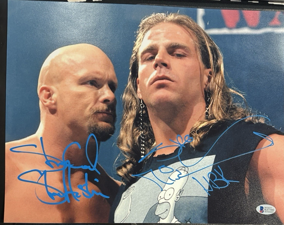 スポーツ選手 stone cold and Vincent autograph Stone Cold Steve Austin & Shawn Michaels Autographed 11x14 Photo