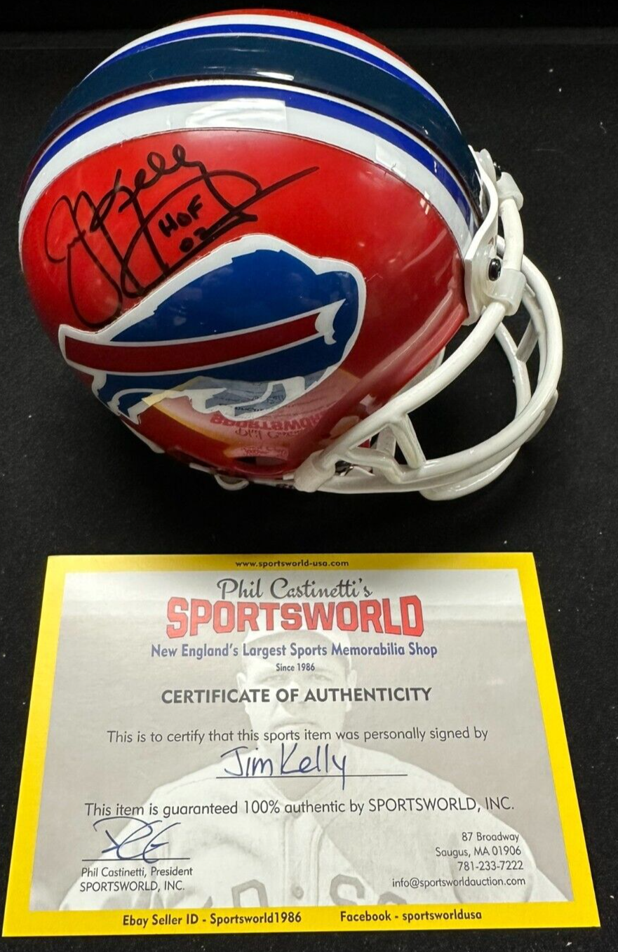 Jim Kelly Autographed Buffalo Bills Riddel Mini Helmet W/ HOF 2002 NFL