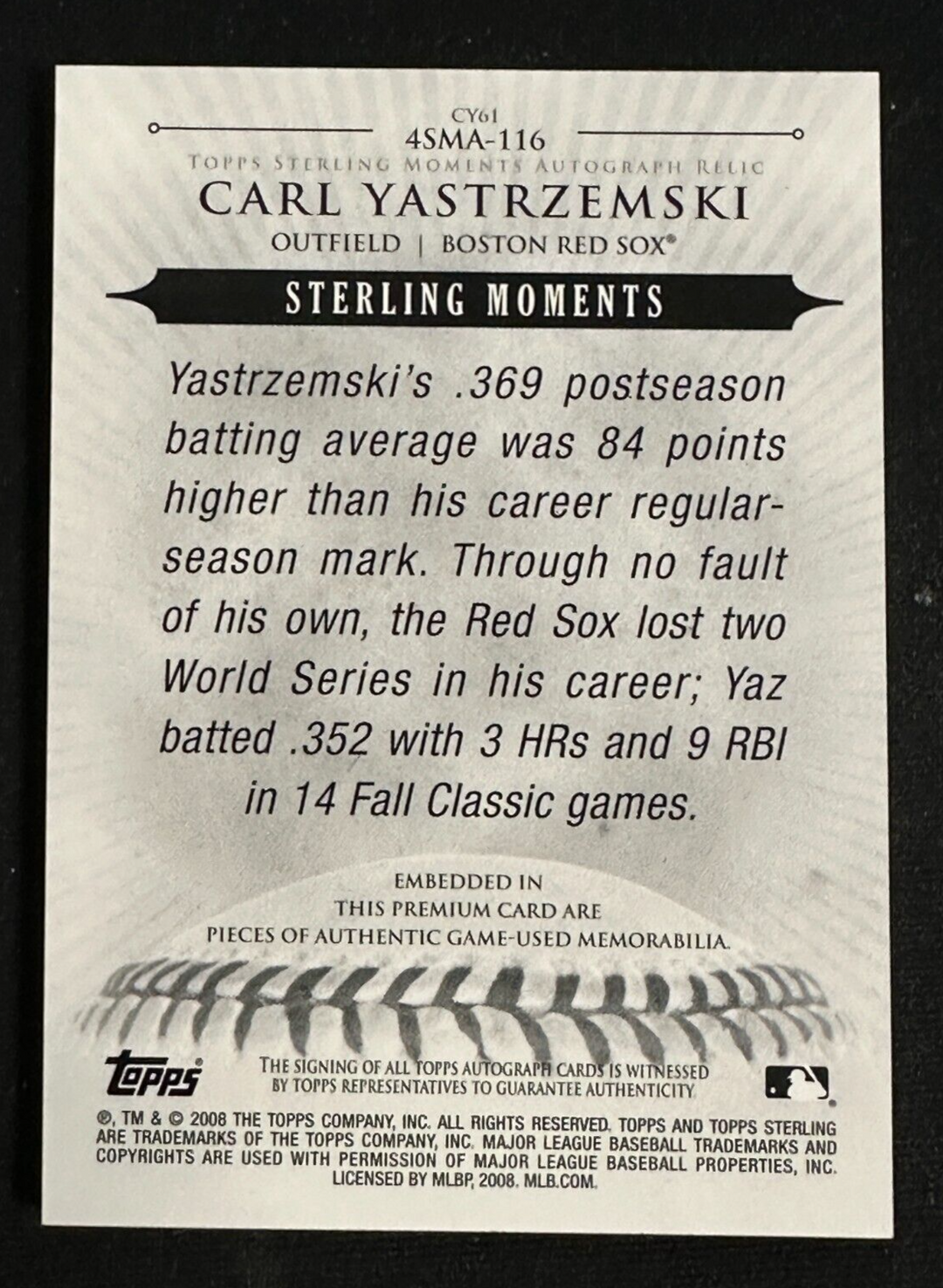2008 Topps Sterling Carl Yastrzemski Autographed Quad Bat & Jersey Card 6/10