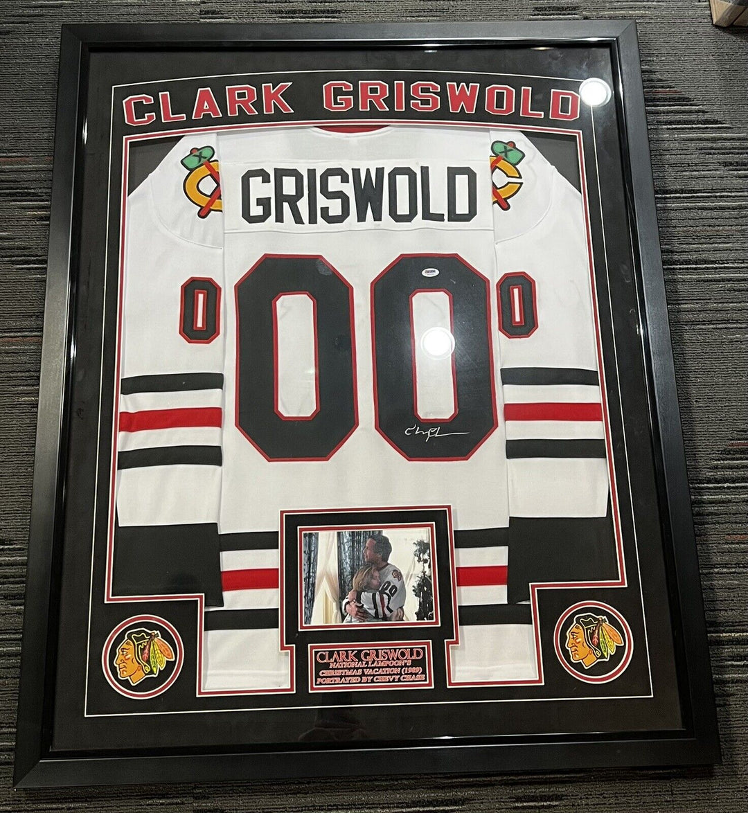 Chevy Chase Signed Clark Griswold Custom Blackhawks Jersey In Custom Frame COA