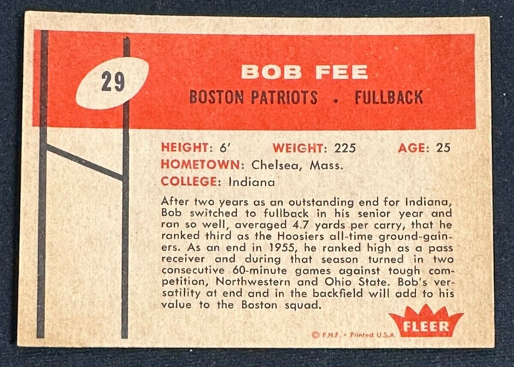 Bob Fee Autographed 1960 Fleer Rookie Card RC #29 Boston Patriots AFL