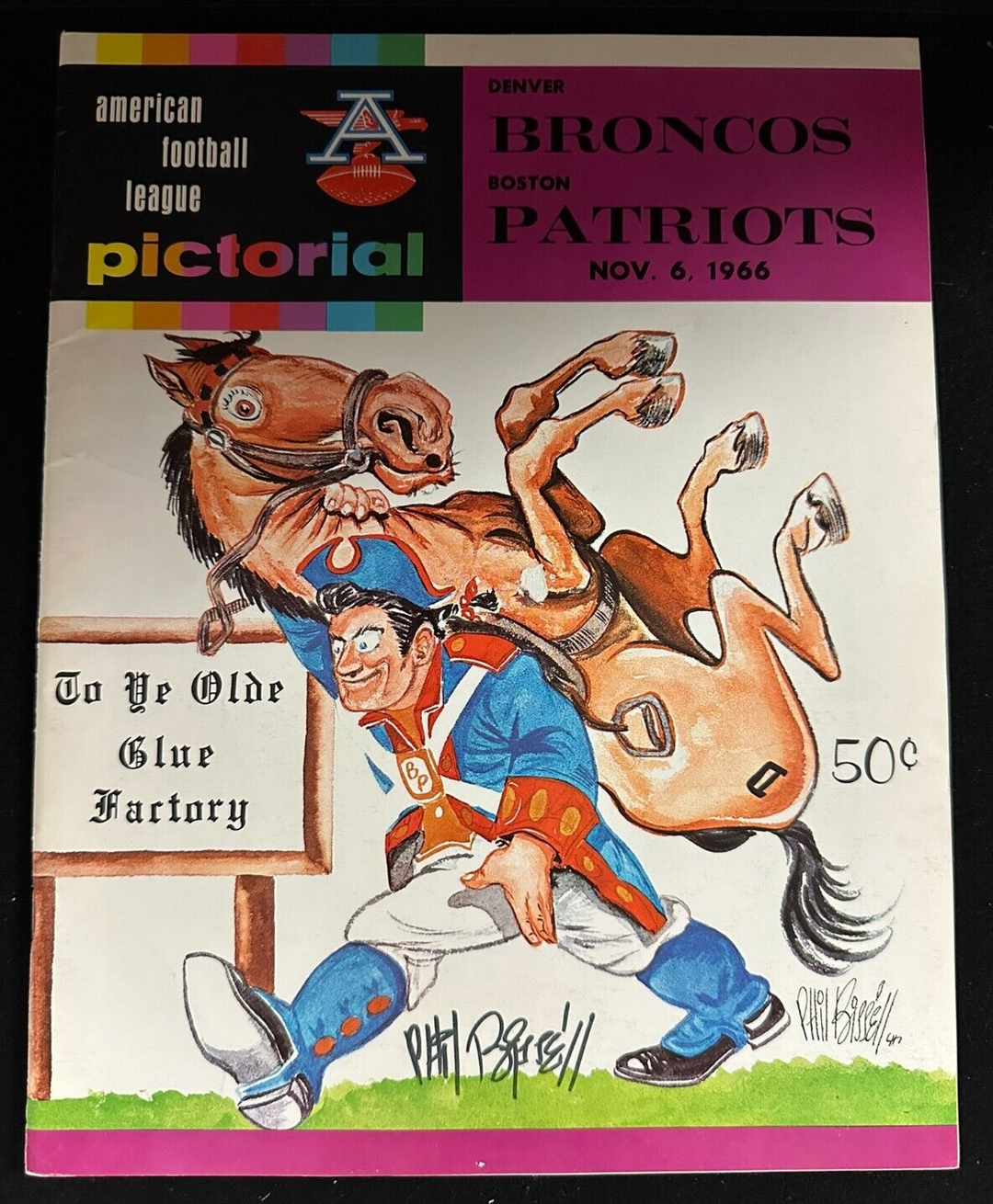 Phil Bissell Autographed Oct 23, 1966 Boston Patriots Vs Broncos Program AFL