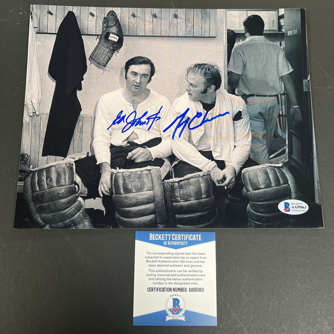 Ed Johnston Gerry Cheevers Signed 8x10 Boston Bruins Sportsworld Beckett COA