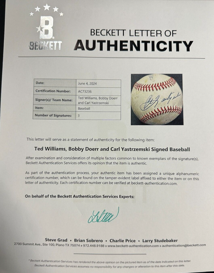 Ted Williams Carl Yastrzemski & Bobby Doerr Autographed OAL Baseball BAS Red Sox