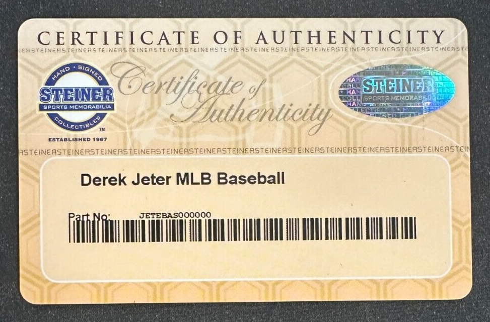 Derek Jeter Autographed Engraved Major League Baseball Yankees Steiner 33/1000