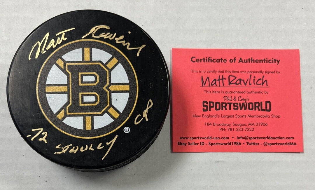 Matt Ravlich Stanley Cup Inscribed Signed Puck Autographed Boston Bruins