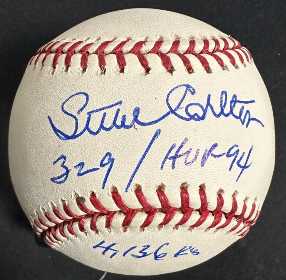 Steve Carlton Autographed Major League Stats Baseball HOF Cardinals Phillies BAS