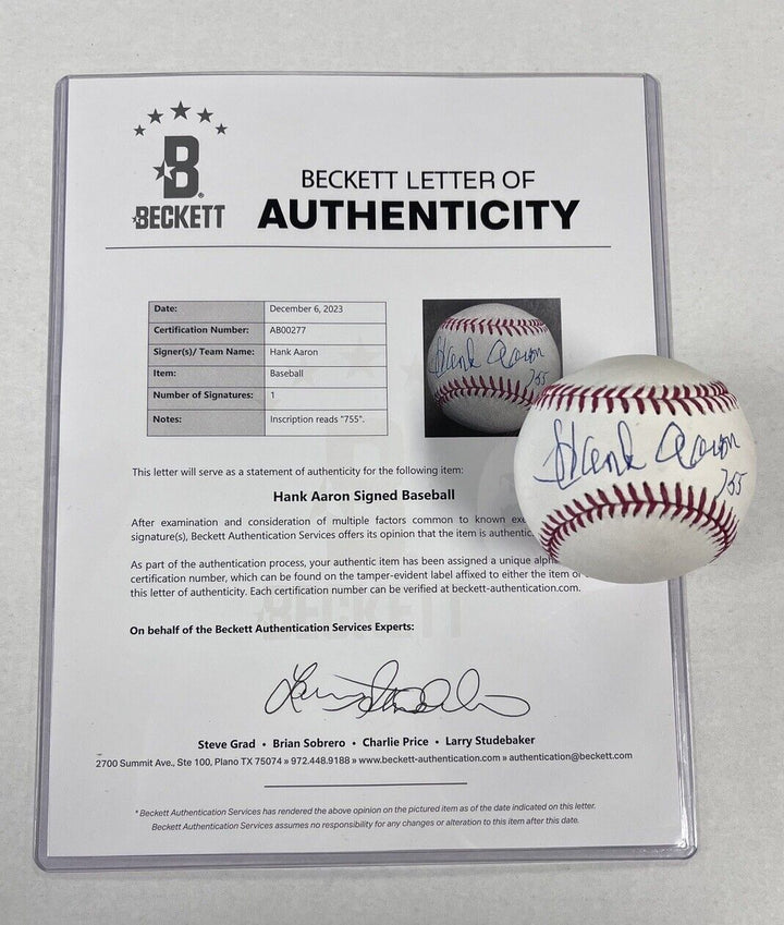 Hank Aaron Signed Baseball 755 Inscribed Beckett COA Atlanta Braves HOF