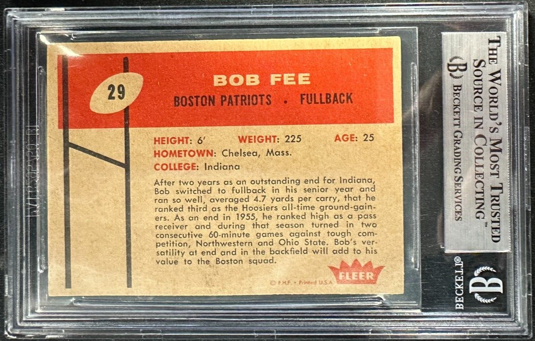1960 Fleer Bob Fee Autographed Rookie Card RC #29 Boston Patriots BGS