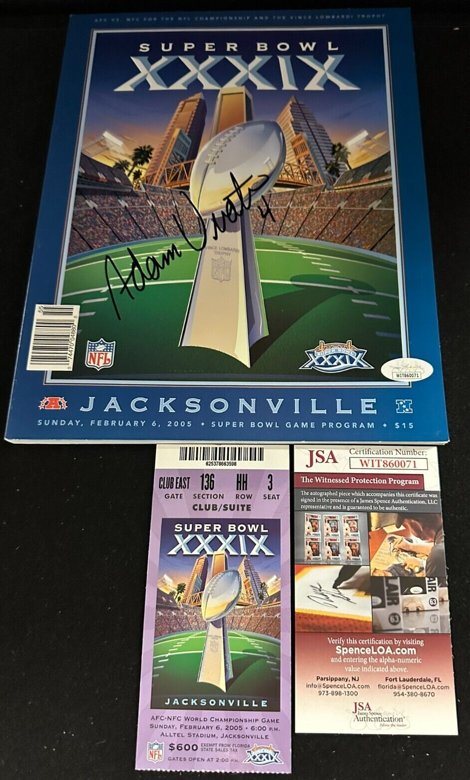 Adam Vinatieri Signed Super Bowl XXXIX Program & Ticket Stub JSA Patriots