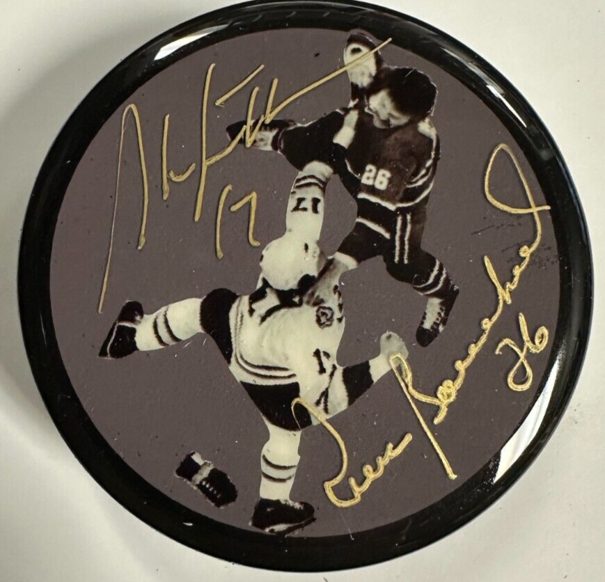 Stan Jonathan & Pierre Bouchard Signed Fight Photo Puck BAS Bruins & Canadiens