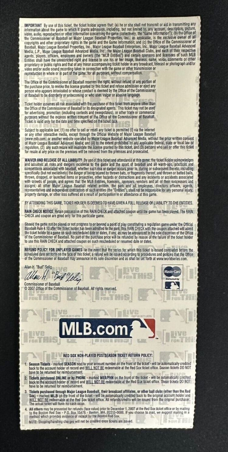 David Ortiz Autographed 2007 World Series Game 2 Full Ticket Red Sox & Rockies