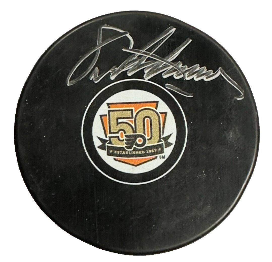 Eric Lindros Autographed Philadelphia Flyers 50th Anniversary Puck JSA
