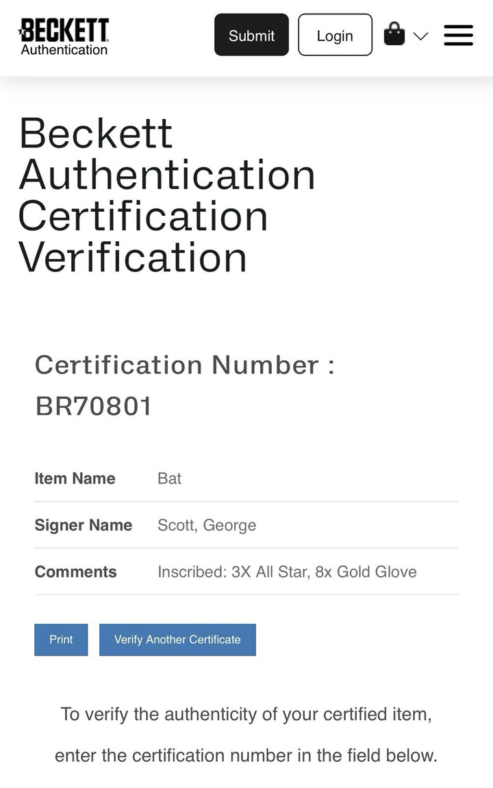 George Scott Autographed Bat W/3x All Star & 8x Gold Glove Inscribed BAS Red Sox