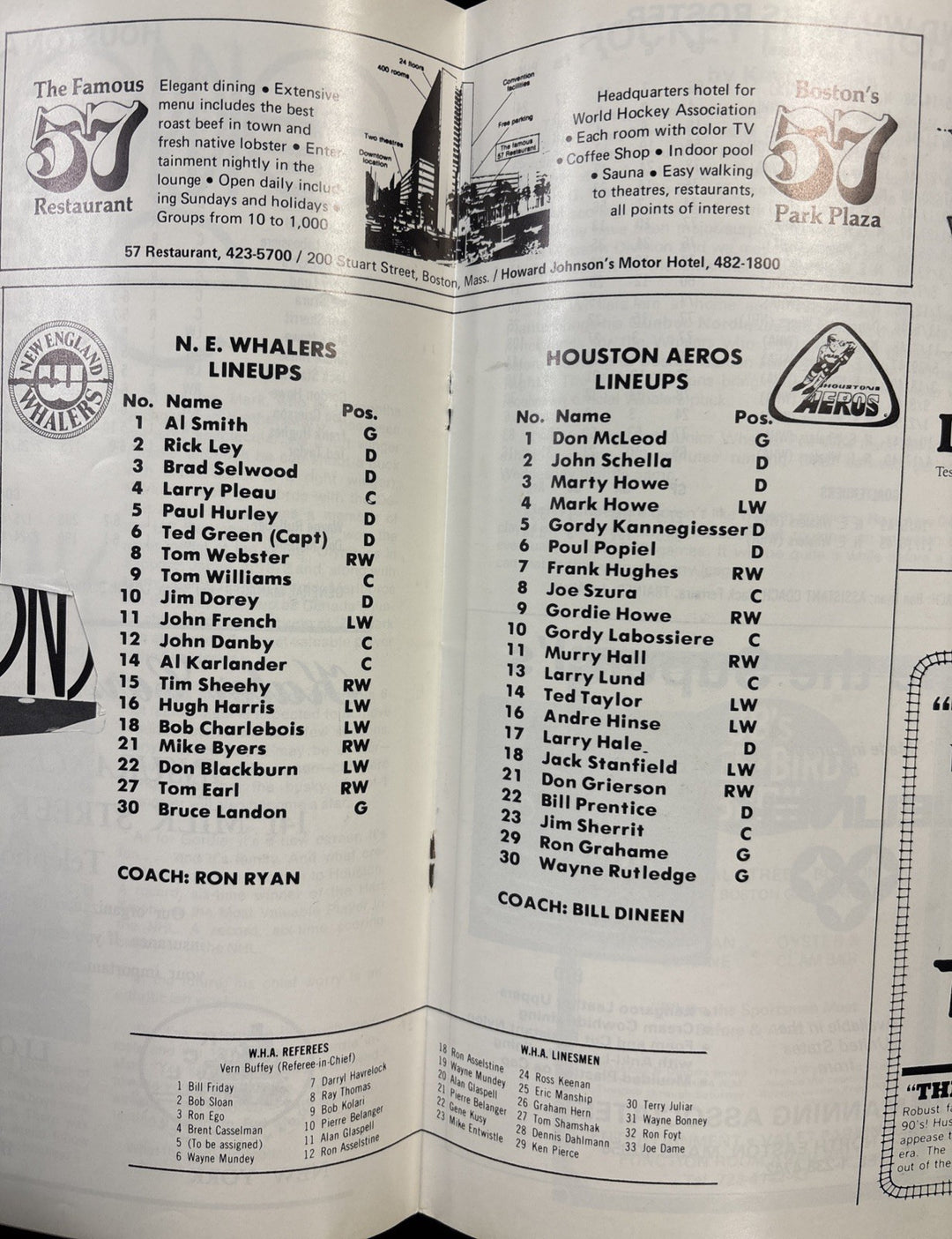 1973/1974 NE Whalers Vs Houston Aeros WHA Program