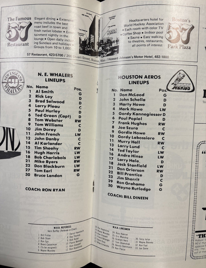 1973/1974 NE Whalers Vs Houston Aeros WHA Program