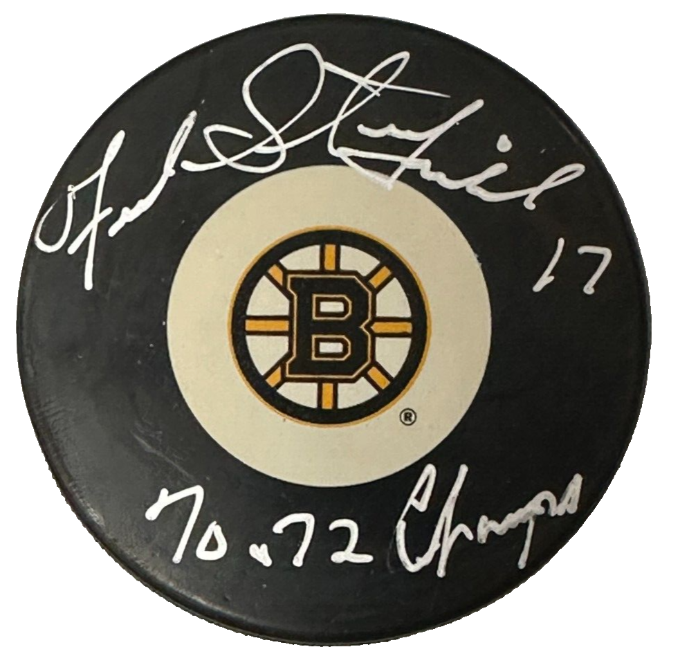 Fred Stanfield Autographed Boston Bruins Hockey Puck W/ 70 & 72 Champs Insc BAS