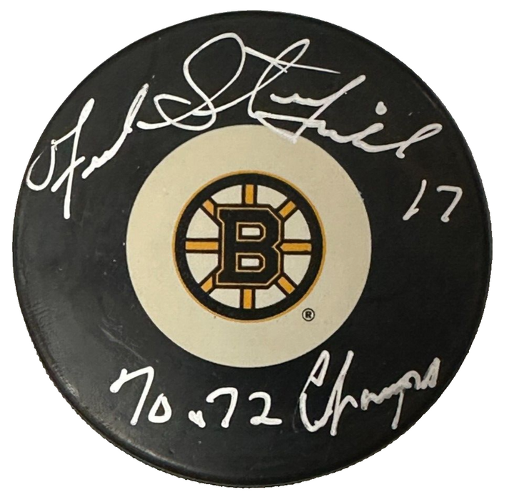 Fred Stanfield Autographed Boston Bruins Hockey Puck W/ 70 & 72 Champs Insc BAS