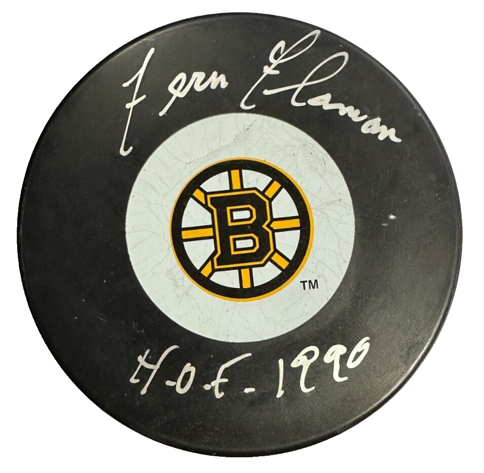 Ferny Flaman Autographed Boston Bruins Hockey Puck W/ HOF 1990