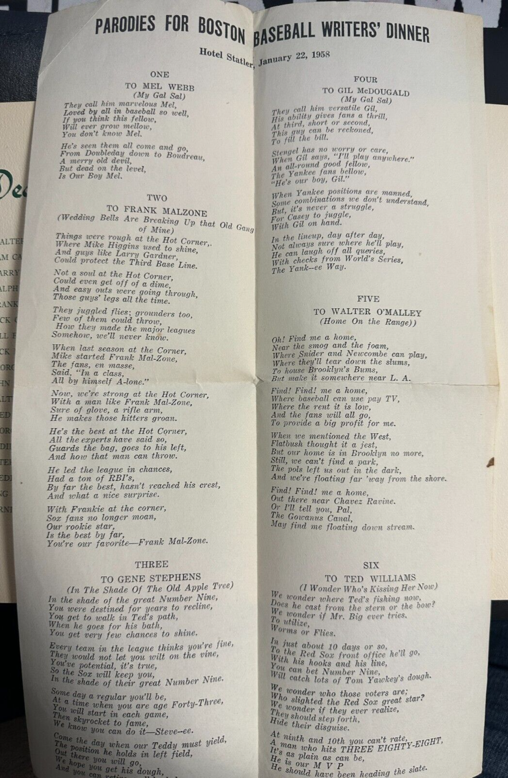 Jan 22, 1958 19th Annual Baseball Writers Association America Dinner Program