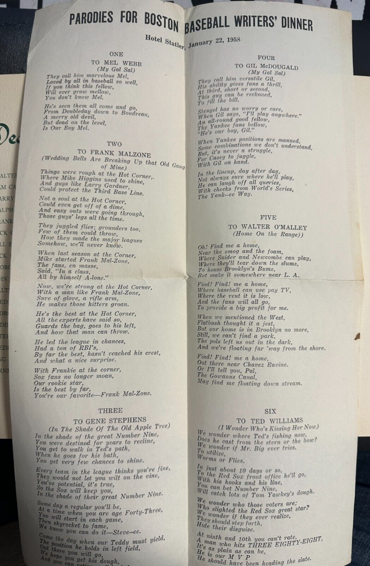 Jan 22, 1958 19th Annual Baseball Writers Association America Dinner Program
