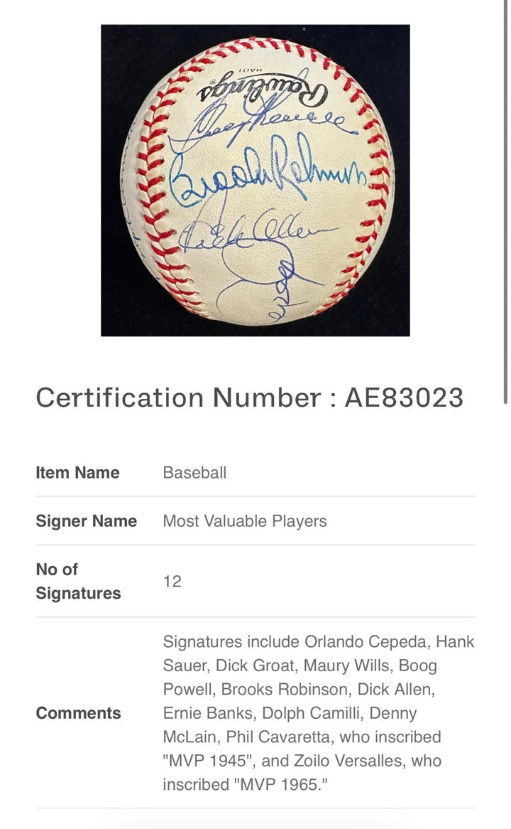 MLB MVP's Autographed ONL Baseball Robinson Banks Cepeda Allen BAS