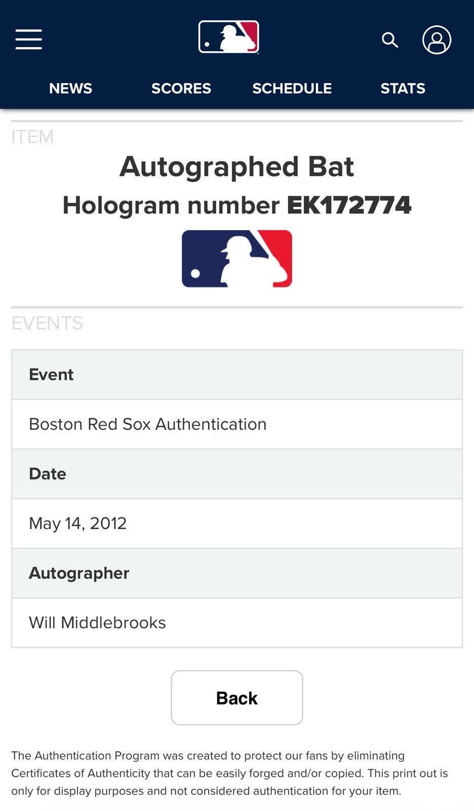 Will Middlebrooks Signed Autographed Rawlings Bat MLB Hologram Boston Red Sox