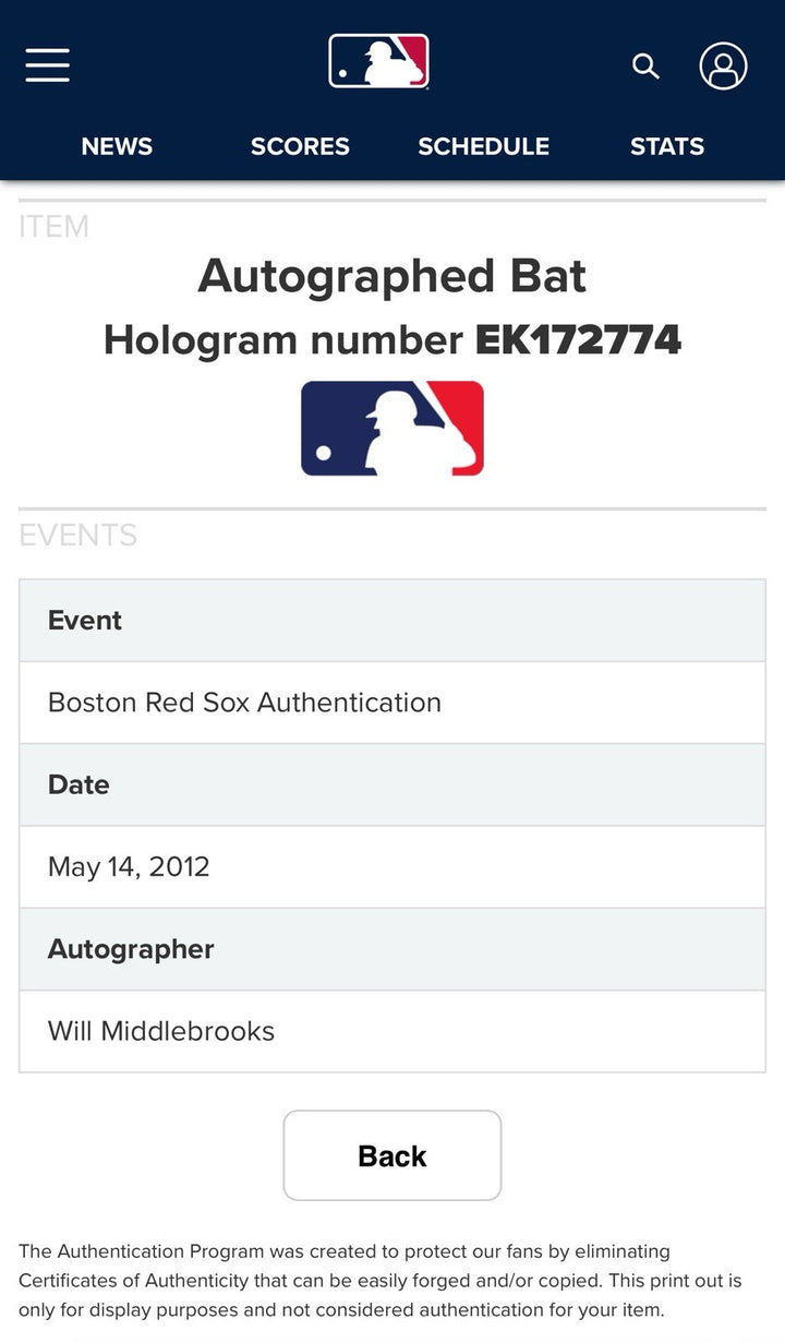 Will Middlebrooks Signed Autographed Rawlings Bat MLB Hologram Boston Red Sox
