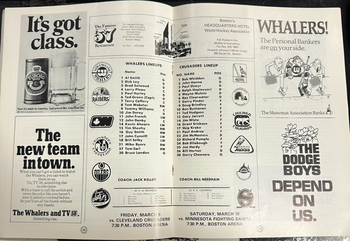 March 7, 1973 New England Whalers & Cleveland Crusaders Program WHA