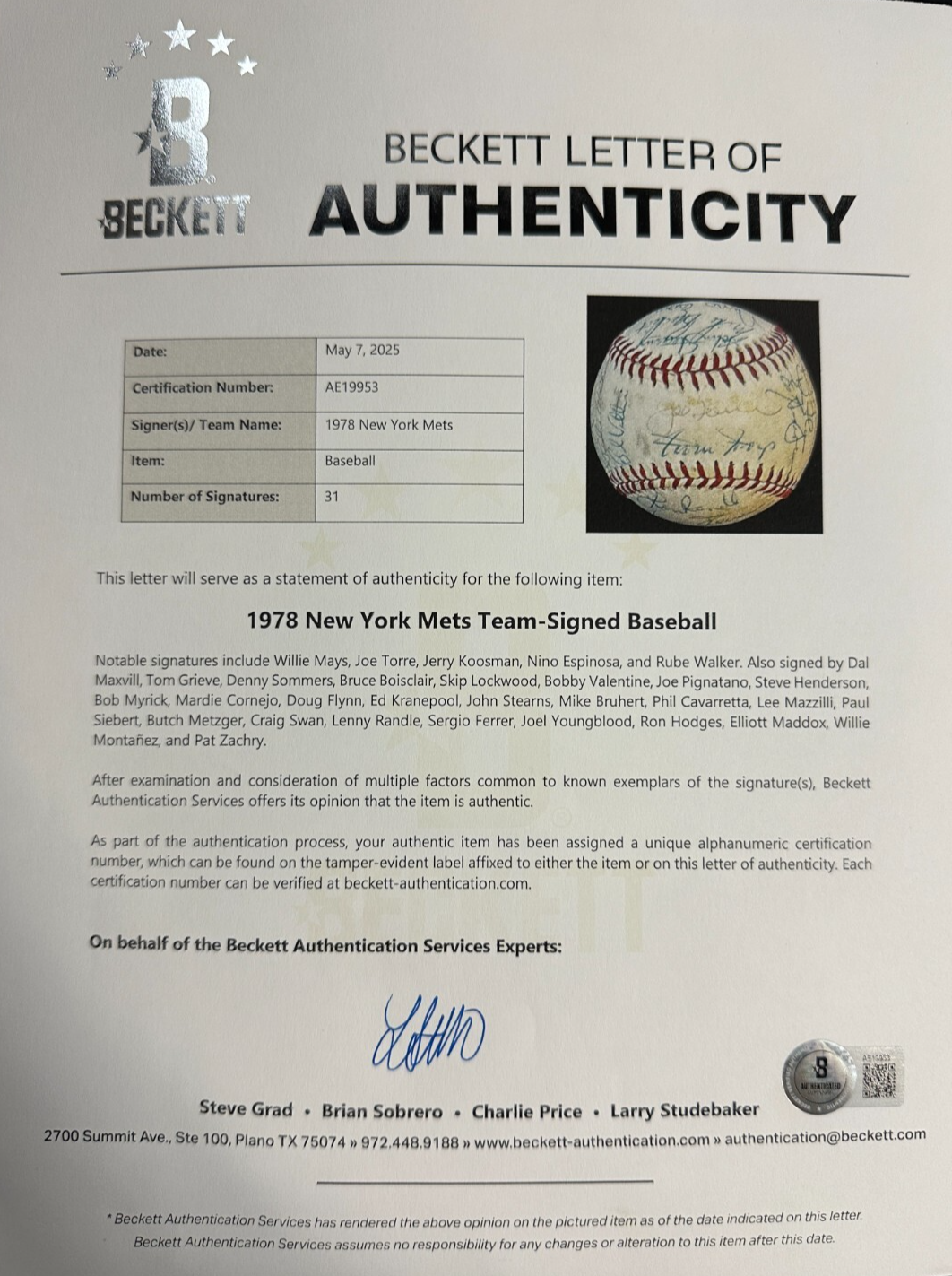 1978 New York Mets Team Autographed Baseball Mays Torre Koosman BAS