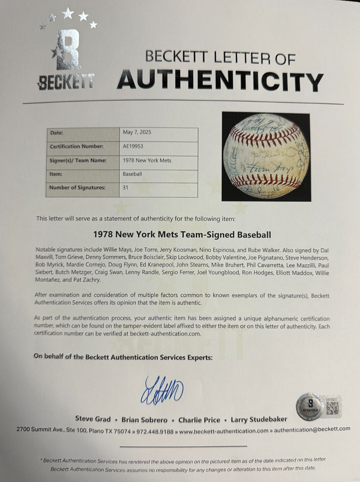 1978 New York Mets Team Autographed Baseball Mays Torre Koosman BAS