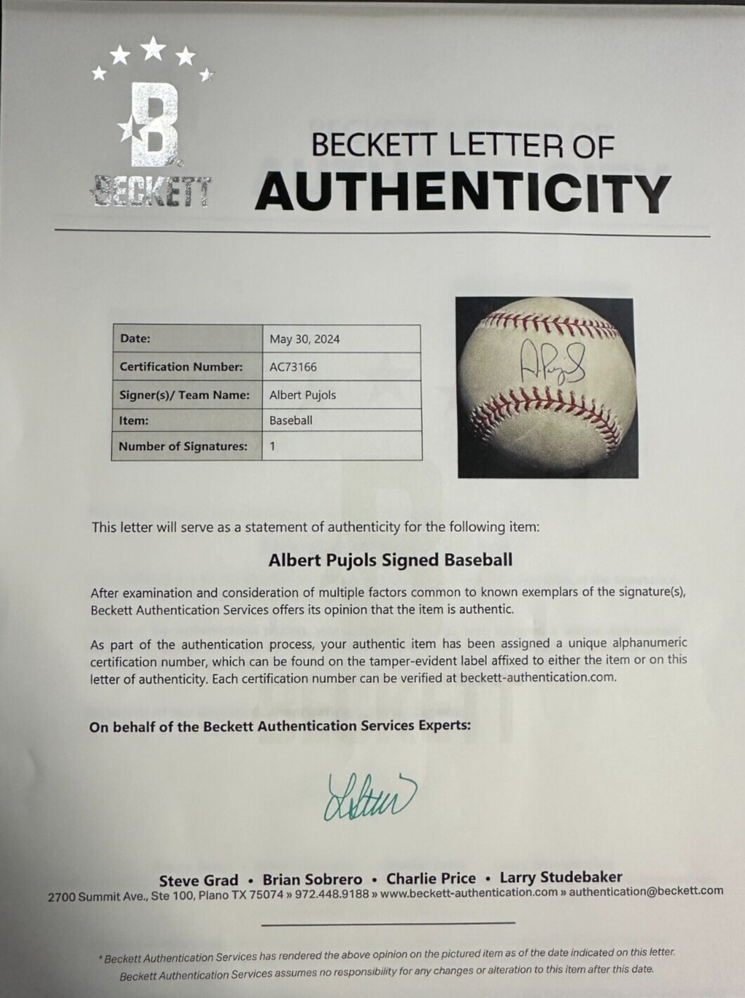 Albert Pujols Autographed Official Major League Baseball BAS Cardinals Angels