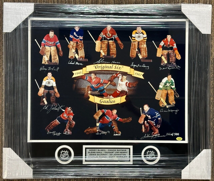 Bower Henry Hodge Worsley Hall McNeil DeJordy Signed Original Six Goalies Photo