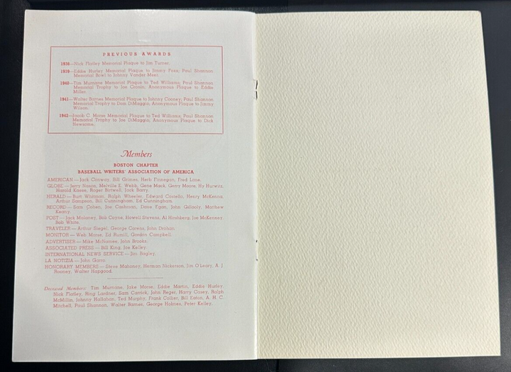 Feb 5, 1946 Seventh Annual Baseball Writers Association America Dinner Program