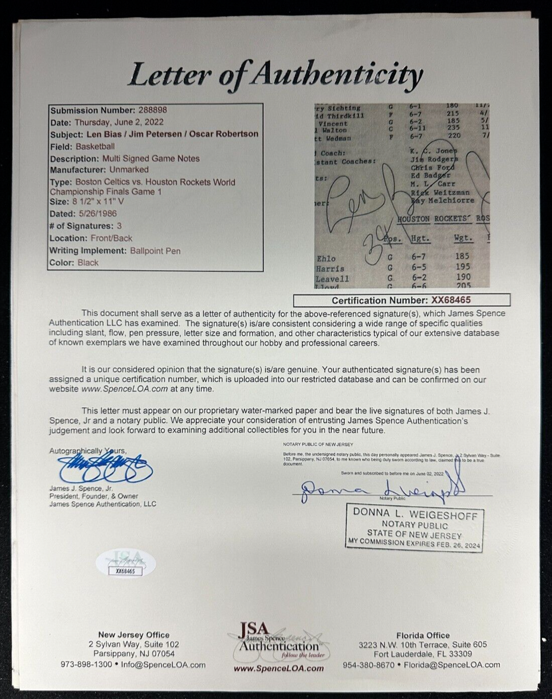 Len Bias Autographed Boston Celtics & Rockets 1986 NBA Finals Game #1 Notes JSA