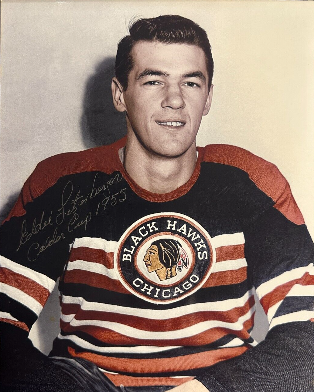 Eddie Litzenberger Autographed 8x10 Photo Blackhawks W/ 1955 Calder Cup Insc