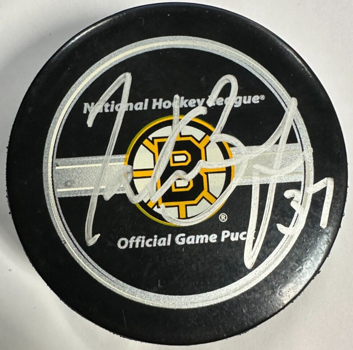 Patrice Bergeron Autographed Official Game Hockey Puck Bruins BAS