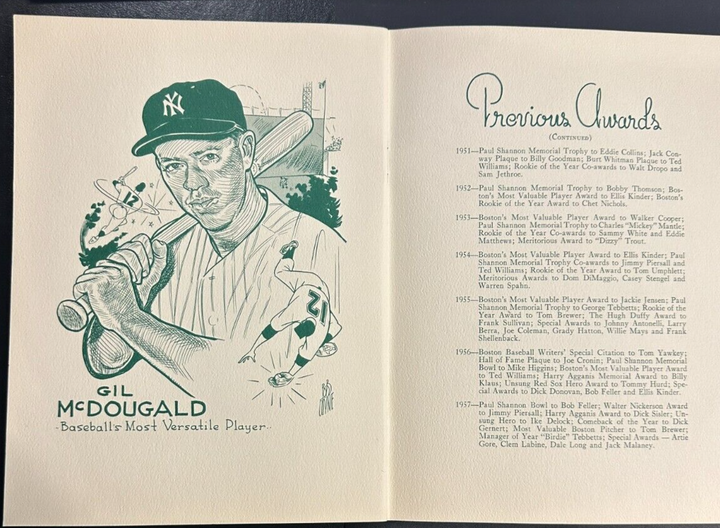 Jan 22, 1958 19th Annual Baseball Writers Association America Dinner Program