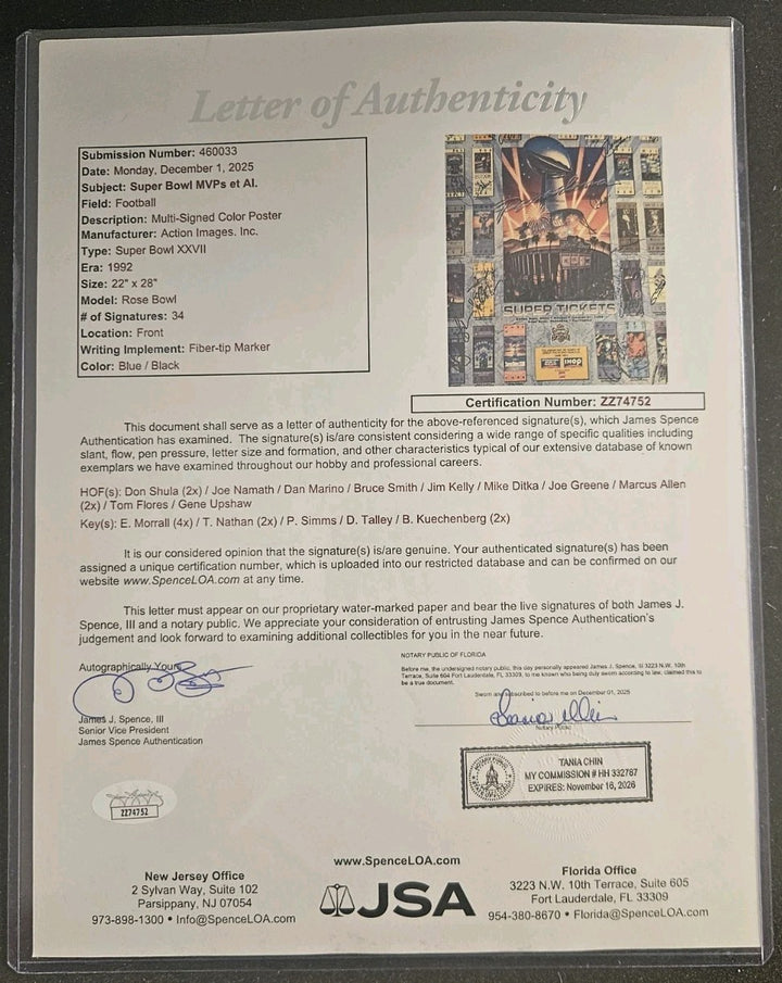 Superbowl XXVII Autographed Poster W/34 Signatures Namath Marino Ditka Shula JSA