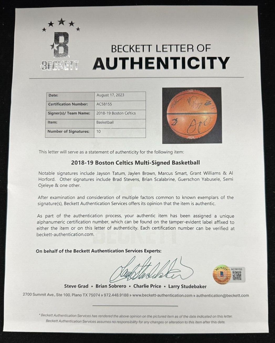 2018-19 Boston Celtics Team Autographed Baseball Tatum Brown Horford Smart BAS