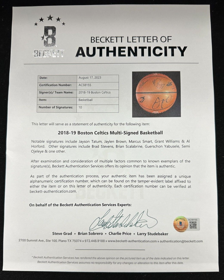 2018-19 Boston Celtics Team Autographed Baseball Tatum Brown Horford Smart BAS